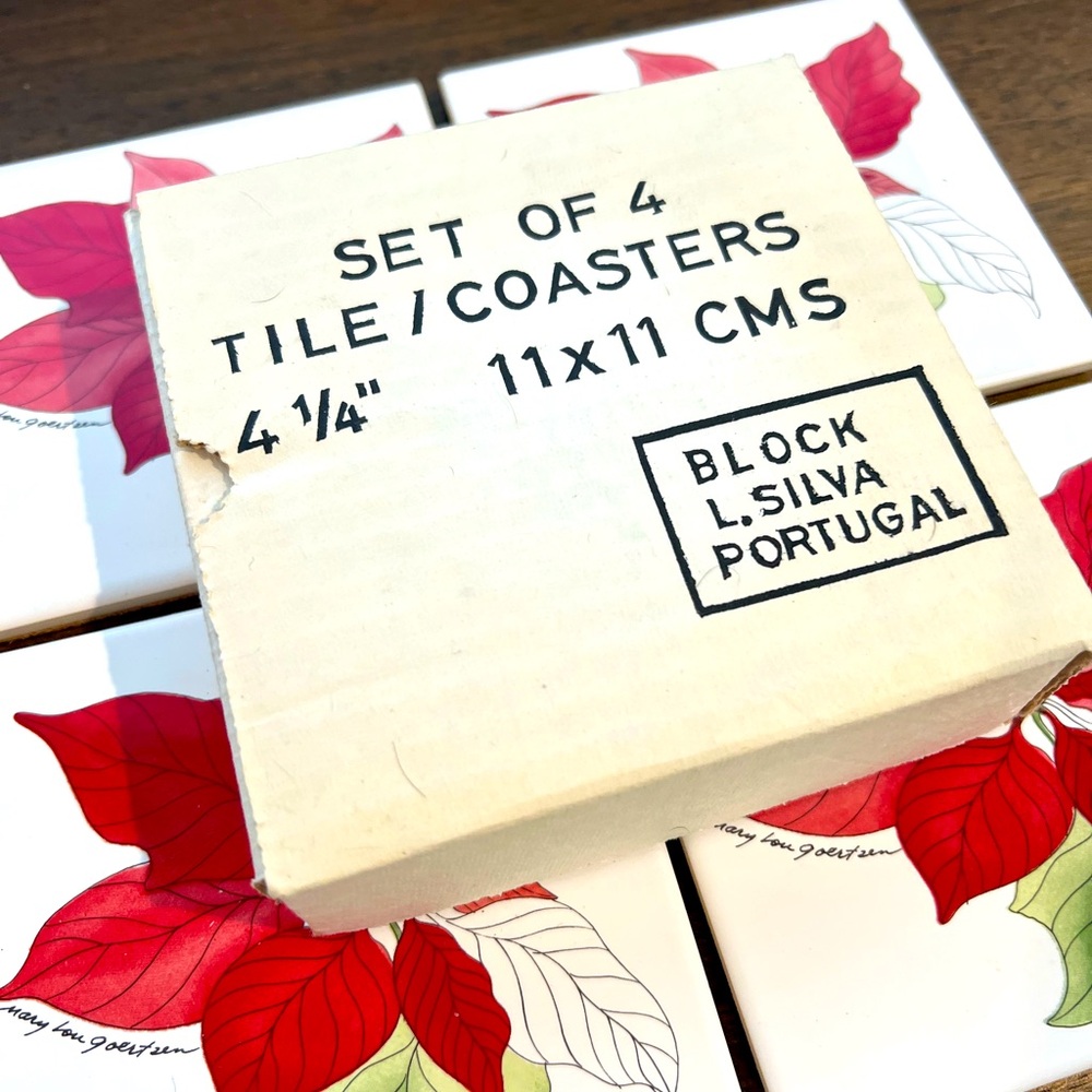 Mary Lou Goertzen 4 Ceramic Cork Poinsettia L. Silva Portugal Drink Coasters